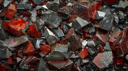 Aufkleber - An array of polished gemstones highlights rich colors and diverse textures found in a mineral deposit. The gems display shades of red and black, reflecting light with distinct patterns.
