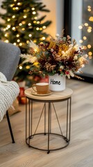 Canvas Print - This cozy living space features a home sign, a bouquet of flowers, and a teacup on the table, perfectly capturing spring's essence