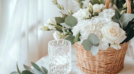 Canvas Print - Candle beside a hydrangea bouquet on a window sill brings warmth and tranquility to a bright and inviting space