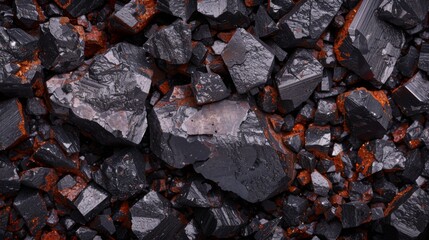 Poster - Shiny black mineral fragments resting on a backdrop of vibrant orange sediment create a stunning contrast, showcasing the beauty of natural geology and mineral deposits.