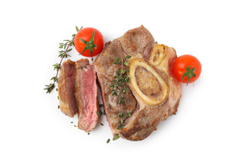 Wall Mural - Pieces of delicious beef meat, thyme and tomatoes isolated on white, top view