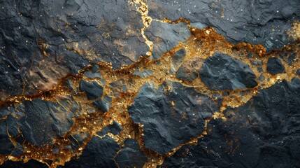 Poster - Intricate patterns reveal a striking geological formation featuring dark stones interspersed with gleaming gold and rich textures, highlighting nature's artistry in a mineral rich landscape