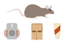 Rat, mousetrap, repellent and rat poison representing pest control