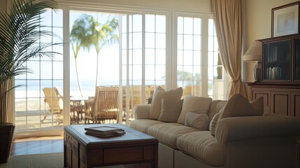 Poster - Cozy living room with beach view through large windows