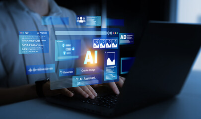 person using laptop with ai content generator. interaction with the ai assistant to solve some tasks