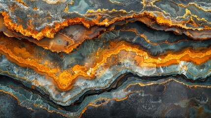 Leinwandbilder - Beautiful stratified agate stone displays striking bands of orange, gray, and black minerals, highlighting a natural wonder formed through geological processes over time.
