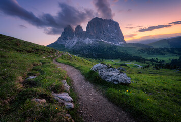 Wall Mural - mountains at beautiful sunset in summer. passo sella, dolomites, italy. colorful landscape with moun