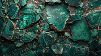 Aufkleber - Close up view of various pieces of malachite with rich green colors and detailed swirling patterns, showcasing the unique textures and formations in natural rock.