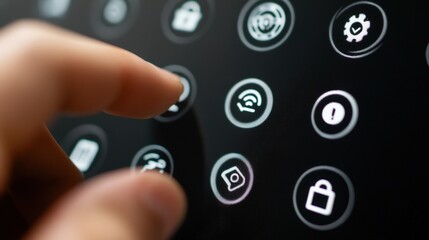 Wall Mural - fingers interacting with a camera icon on a sleek, dark interactive screen, surrounded by security s