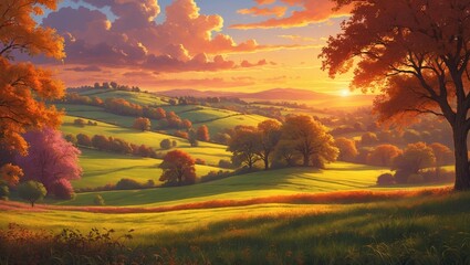 Wall Mural - vibrant sunset over rolling hills with autumn foliage in a picturesque countryside landscape