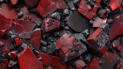 Leinwandbilder - Shattered pieces of bright red and dark black glass create an intricate texture, reflecting light and forming a striking visual display on a flat surface.
