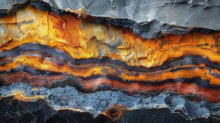 Leinwandbilder - Striking layers of minerals reveal a stunning display of orange, yellow, and gray, showcasing nature's artistry in a beautiful geological setting over time.
