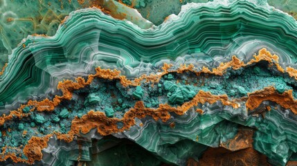 Aufkleber - This artwork features intricate layers of malachite in varying shades of green, interspersed with bright orange textures, illustrating the uniqueness of geological formations.