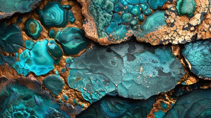 Leinwandbilder - Textured surface features mesmerizing shades of turquoise and gold, revealing intricate natural patterns formed by geological processes over time.