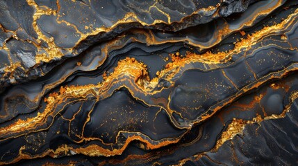 Leinwandbilder - This captivating view reveals striking black and gold mineral patterns, highlighting the intricate beauty and textures of a natural geological formation.