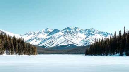 Wall Mural - Serene winter landscape with snow-covered mountains and frozen lake surrounded by evergreen trees