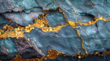 Aufkleber - Close up view reveals a stunning array of mineral veins in vibrant colors and textures, highlighted by striking gold deposits that shimmer against the darker rock surface.