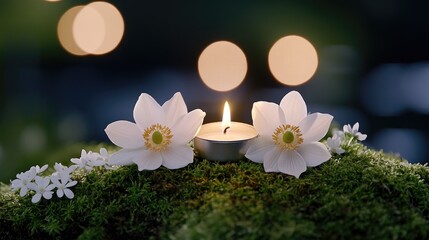 Wall Mural - Candles with flame are surrounded by white flowers and moss on a rustic wooden backdrop perfect for Easter festivities