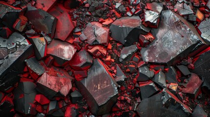 Poster - Fragments of volcanic rocks showcase a mix of red and black hues scattered across the surface, reflecting natural geological processes under daylight.
