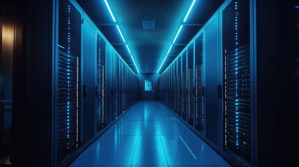 Modern data center with glowing server racks in a sleek, high-tech environment. Ideal for cloud computing, cybersecurity, data storage, and network infrastructure concepts