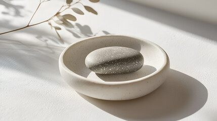 Canvas Print - Minimalist still life with stone in a bowl and sprig, creating calming shadows.