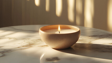 Canvas Print - Cozy candle flame on marble surface casting shadows with warm light creates a calming and peaceful ambiance.