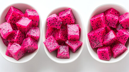 Wall Mural - Freshly diced pink dragon fruit cubes in white ceramic bowls, isolated on white background, ideal for healthy eating, fruit, and food photography concepts.