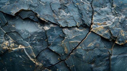Leinwandbilder - Close up of a rugged black slate rock surface highlighting cracks and intricate textures that reflect its geological history and natural formation processes