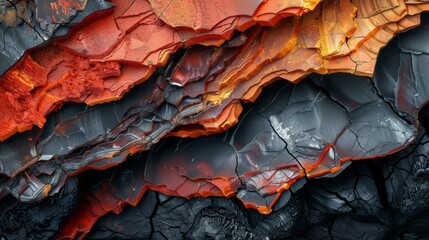 Poster - Rich reds, oranges, and dark hues blend vividly in a detailed view showcasing the intricate textures of volcanic rock, highlighting nature's artistry found in geological formations.