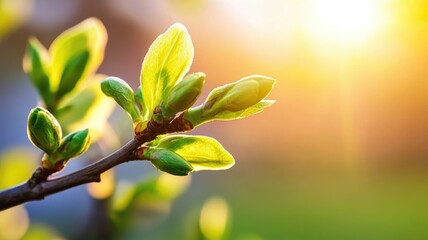 Wall Mural - close-up of budding tree branch with sunlight
