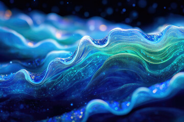 Poster - Abstract blue and green waves with glitter, creating a mesmerizing and dreamy digital art.