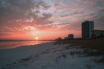 Wall Mural - Sunset over a tranquil beach with silhouetted buildings in the background and soft clouds in the sky