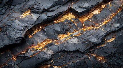 Leinwandbilder - Dark rocky surface features striking golden veins tracing through the cracks, revealing a stunning contrast. The natural formations highlight geological processes over centuries.