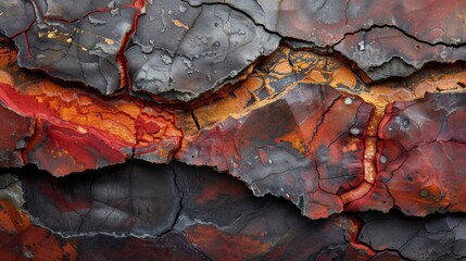 Fototapete - An intricate surface displays eye catching patterns with vibrant reds, oranges, and blacks. The cracks create a striking abstract representation of geological features, showcasing natural textures.
