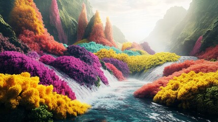 Wall Mural - A colorful landscape with a waterfall and a river