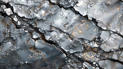 Poster - Close up view reveals a textured metallic surface featuring a mix of silver and gold hues. The shine catches natural light, highlighting the cracked patterns and details on the surface.