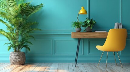 Poster - Bright and Modern Home Office with Plants and Yellow Chair