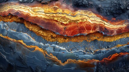 Aufkleber - Vibrant layers of rock in shades of red, orange, and blue reveal intricate patterns formed by geological processes in a stunning underground setting.
