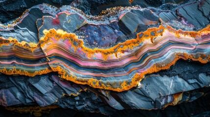 Aufkleber - This striking mineral specimen features vivid bands of colors such as orange, purple, and blue, set against dark rock textures, highlighting its unique geological formation and beauty.