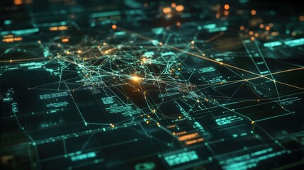 Complex network connections are glowing and transferring data on a futuristic cyber security system, ensuring online safety and protection against cyber threats