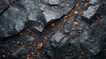 Leinwandbilder - Rocky terrain exhibits a mix of dark minerals and scattered metallic fragments, highlighting the natural formations and varying textures under sunlight, creating a visually striking effect.