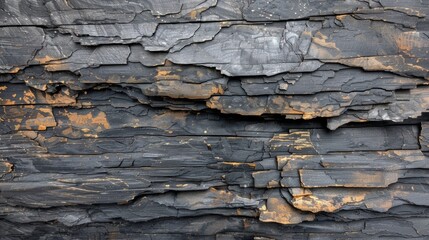 Leinwandbilder - Rich textures of layered black and brown stone create a visually striking surface, showcasing geological formations that reveal the passage of time and natural changes.