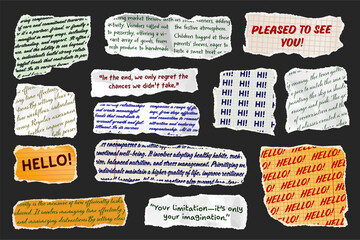 Wall Mural - ripped paper strips with handwritten text. realistic crumpled paper scraps with torn edges. shreds o