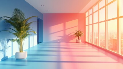 Poster - Modern Interior with Colorful Walls and Indoor Plants in Bright Space