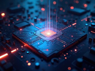 Wall Mural - advanced blockchain technology displayed on a microchip with illuminated pathways creating a futuris