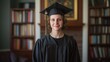 © Lisouski Uladzimir - Smiling homeschool graduate standing in library wearing cap and gown