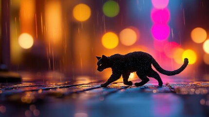 Poster -   A black cat walking on a wet ground surrounded by bright lights