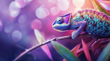 Poster -   A vibrant chameleon perched on a foliage-covered tree limb amidst a hazy backdrop