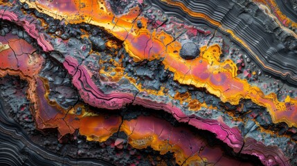 Aufkleber - Intricate layers of agate present a mesmerizing display of vibrant orange, pink, and purple hues amidst textured mineral formations. Perfect for geology enthusiasts exploring nature's beauty.