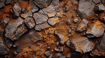 Leinwandbilder - Detailed view of a rocky surface features various stones and textures with rich colors, presenting a natural landscape. Light accentuates the intricate patterns found in nature.